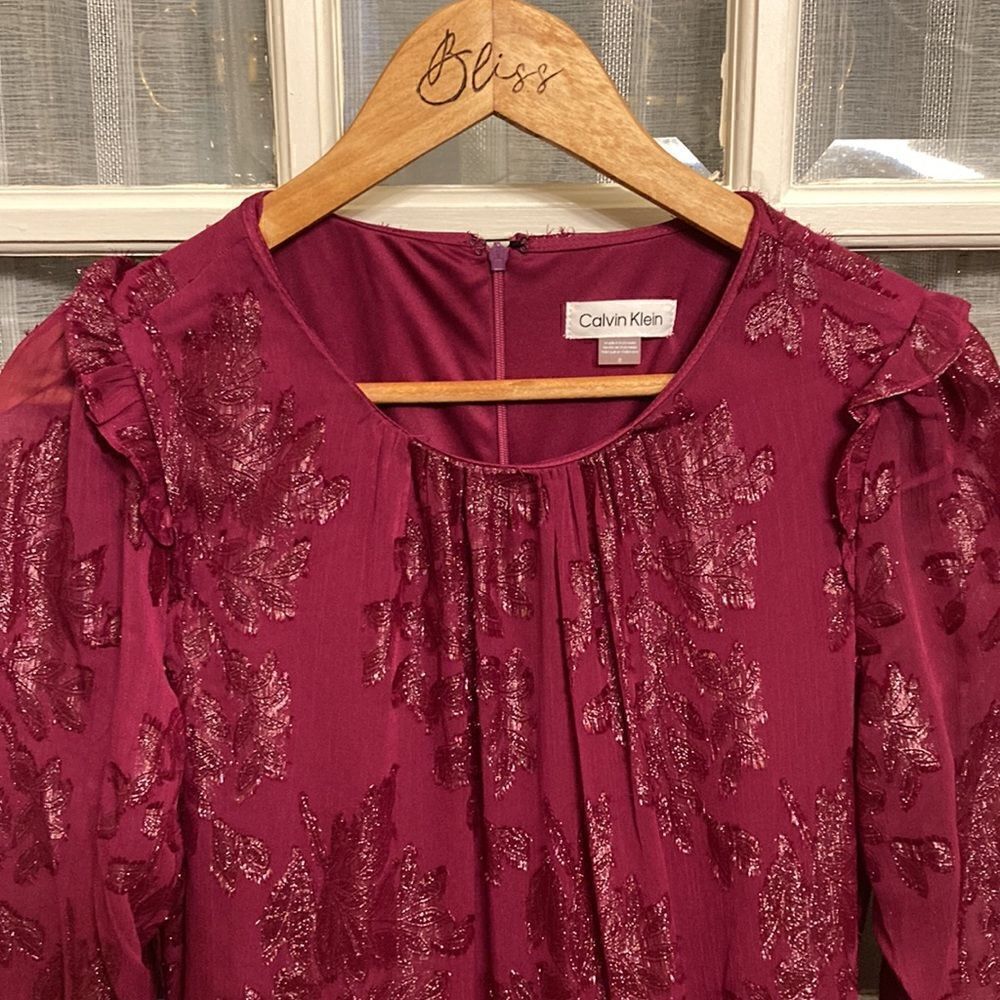 NWT Calvin Klein Burgundy and Silver Metallic Floral Dress - Picture 3 of 15